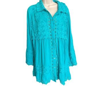 URBAN MANGOZ Vibrant Turquoise Lace embroidered Long Sleeve